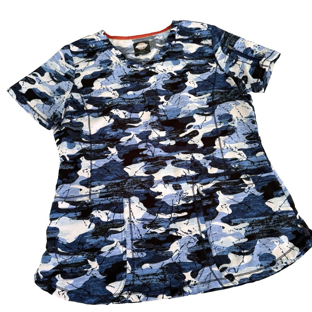 Dickies Scrub Top Women's M Blue Camo VNeck Uniform Medical RN LPN Nurse Tech